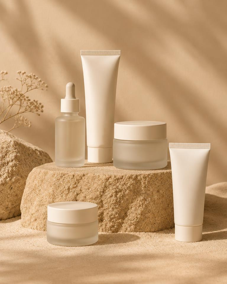 Unlabeled cosmetic jars and tubes on a sand pedestal