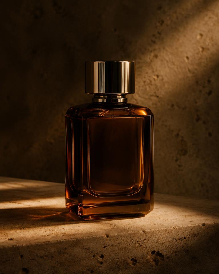 Amber fragrance bottle on travertine in warm light